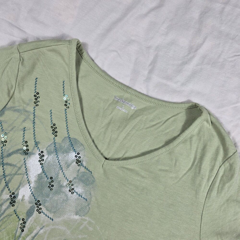 Breckenridge V Neck 3/4 Sleeve Womens Top Size Large Green Floral W/Rhinestones